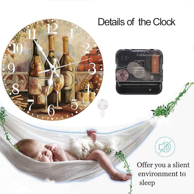 Ansouyi Round Wall Clock Battery Operated Clocks Wallclock 10 Inch,Vintage Red White Wine Grapes Silent Non Ticking Wall Clock for Living Room,Kitchen,Home,Bathroom,Bedroom,Office or School
