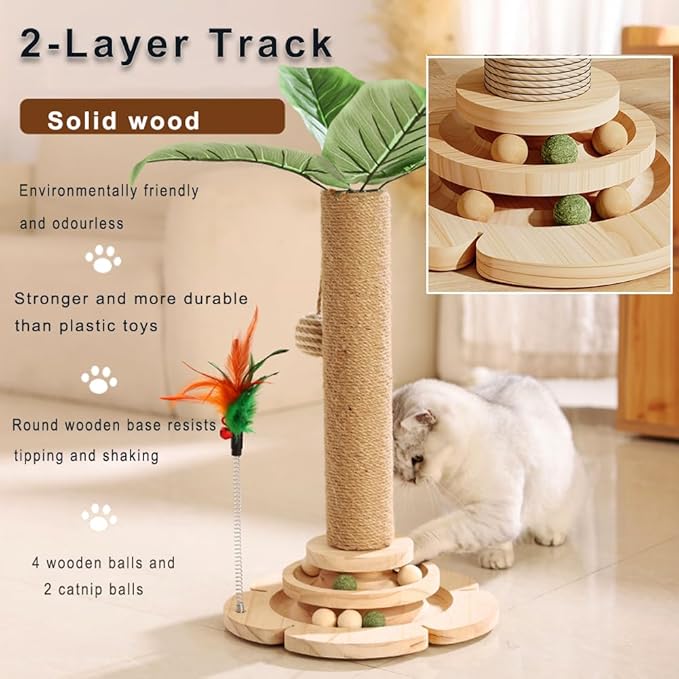 Marchul Cat Scratching Post with 2 Level Track Ball Tower Toy for Indoor Cats and Kitten, 3D Decorative Leaves, Sisal Rope, Interactive Cat Toy for Kitten Mental Physical Exercise
