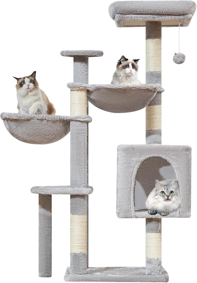 Taoqimiao Cat Tree, 48-Inch Cat Tower for Kittens, Cat Tree Tower with 5 Scratching Posts, Plush Cat Condo with Plush Perch, 2 Hammock, Pompoms, Light Gray MS019L-W