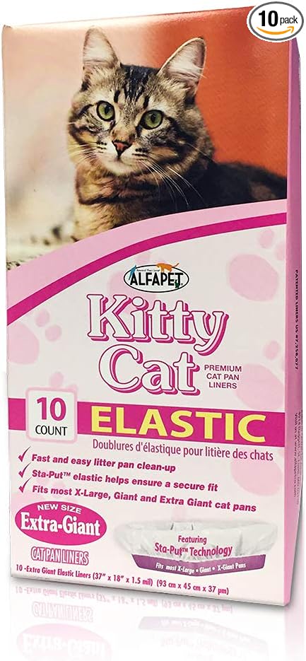 Alfapet Kitty Cat Pan Disposable, Elastic Liners- 10-Pack-for Large, X-Large, Giant, Extra-Giant Size Litter Boxes- with Sta-Put Technology for Firm, Easy Fit- Quick + Clever Waste Cleaners