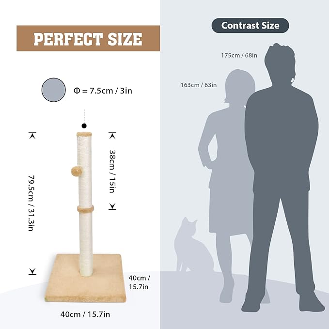 petellow 31'' Tall Cat Scratching Post - Cat Claw Scratcher with Hanging Ball - Scratching Posts for Indoor Large Cats - Durable Stable Cat Furniture with Sisal Rope - Cat Scratch Post - Beige