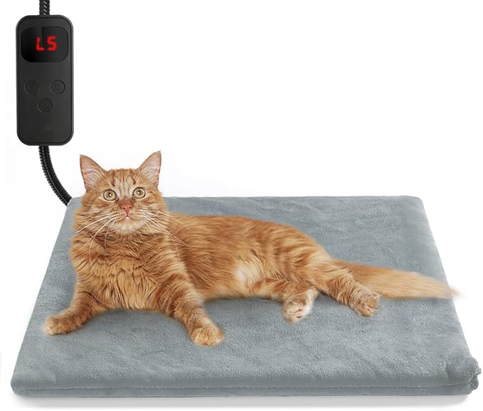 Pet Heating Pad for Cat Dog,Extremely Waterproof Heated Cat Bed Outdoor&Indoor,Adjustable Heated Dog Blanket Mat with 6 Temperature&5 Timers Set,Pet Heater Warmer(Grey,M-17.7" Lx17.7 W)