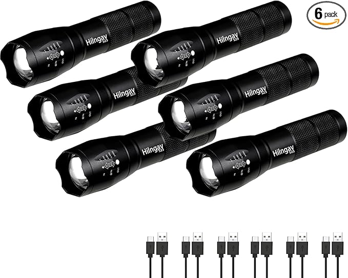 6 Pack LED Rechargeable Flashlight, Super Bright Small Mini Camping Flashlights Zoomable Beam, Convenient USB C Charging for Camping Hiking Outdoor Home Emergency