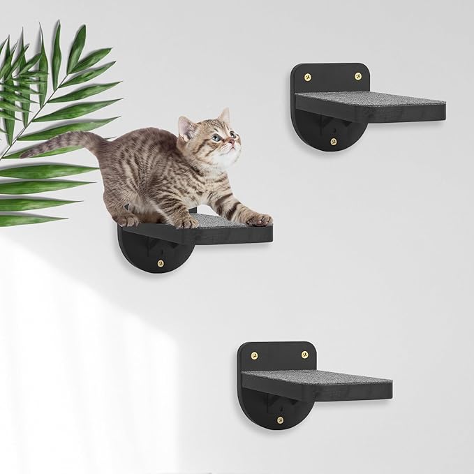 Set of 3 Black Natural Wood Paited Cat Wall Floating Steps Climbing Shelves - Wall Mounted Cat Stairs Ladder, Cat Shelf Platform and Perches for Wall - Holds up 35lbs