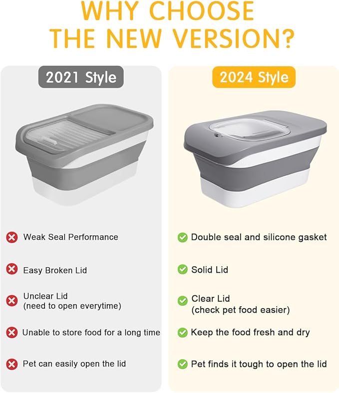 10-13 Lbs Cat Food Container,Collapsible Cat Food Storage with Airtight Lid,Silicone Pet Bowl and Cat Food Scoop，Pet Food Storage containers Dry Food for Pets, Rice (Grey 13lbs 02)