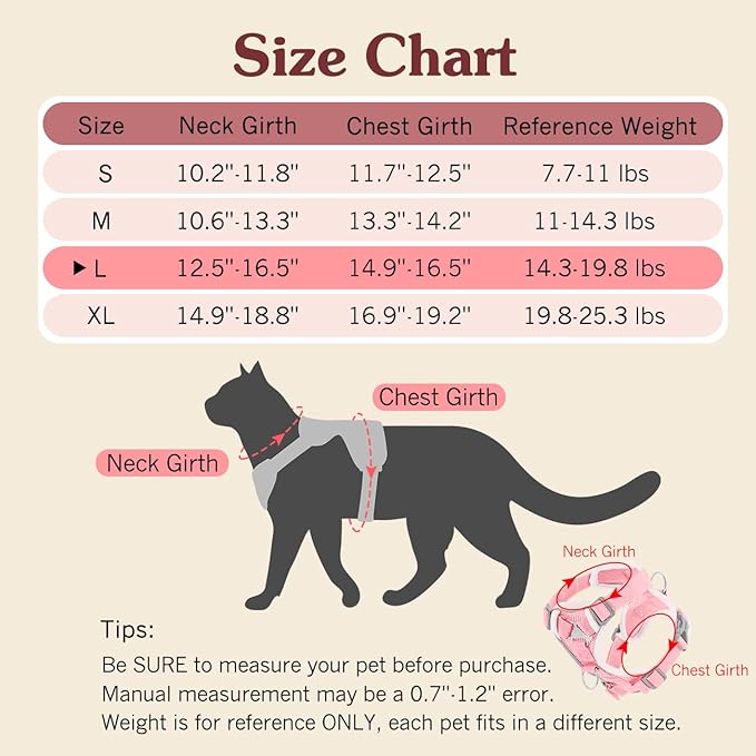 Cat Harness and Leash Set for Walking, Adjustable Kitten Vest Harness with Reflective Strip Breathable Mesh, Escape Proof Soft Pet Safety Vest for Cats, Kittens, Puppies, L, Pink