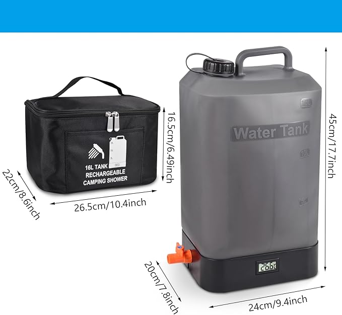 B. TAWD 4.5 Gallon Silicone Water Tank, Portable Camping Shower, USB Battery Charging, Solar Heating, with Shower Head, Electric Portable Outdoor Shower, Built-in Thermometer, Beach, Camping, Hiking