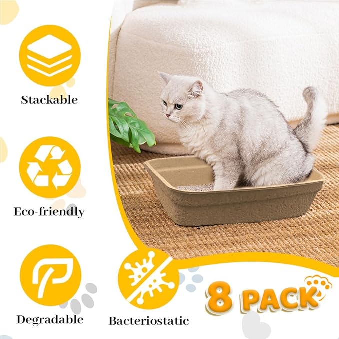 8 Pack Disposable Cat Litter Box, 17 x 13.3 x 4 Inch Paper Cat Litter Tray, Kitten Litter Box Pans for Indoor Outdoor Home Travel Hamster Guinea Pig Rabbit, Waterproof and Portable
