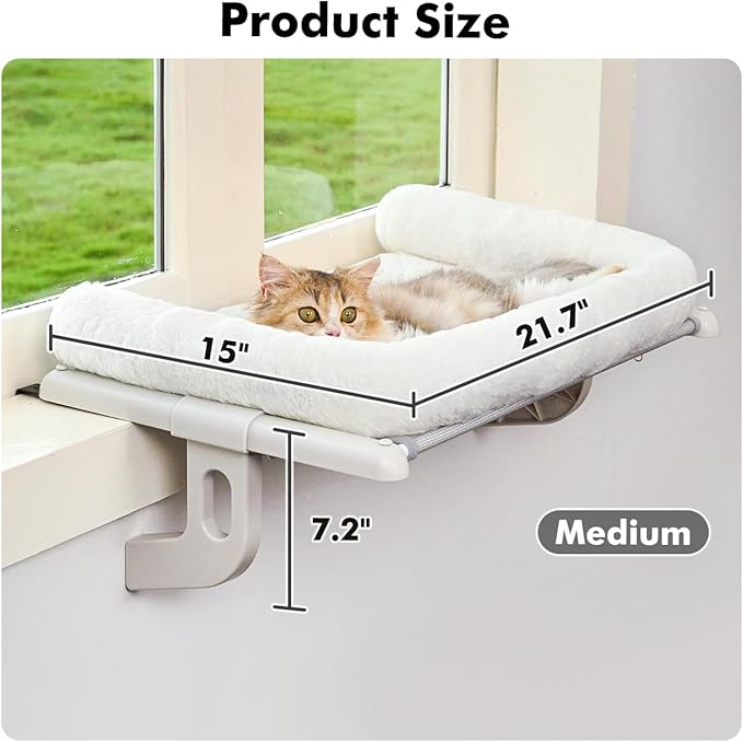 Cat Window Sill Perch with Large Bolster, Easy to Adjust & Assemble Cat Window Seat for Windowsill & Bedside, Cat Hammock Bed for Large Cats and Kittens (White, M)