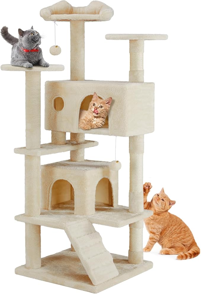 Sweetcrispy 54-Inch Cat Tree Tower – Multi-Level Cat Tower with Sisal Scratching Post, Perfect Cat Gift, Indoor Cat Tree with Condo, Climbing Ladder, Plush Toy, and More Cat Stuff，Beige