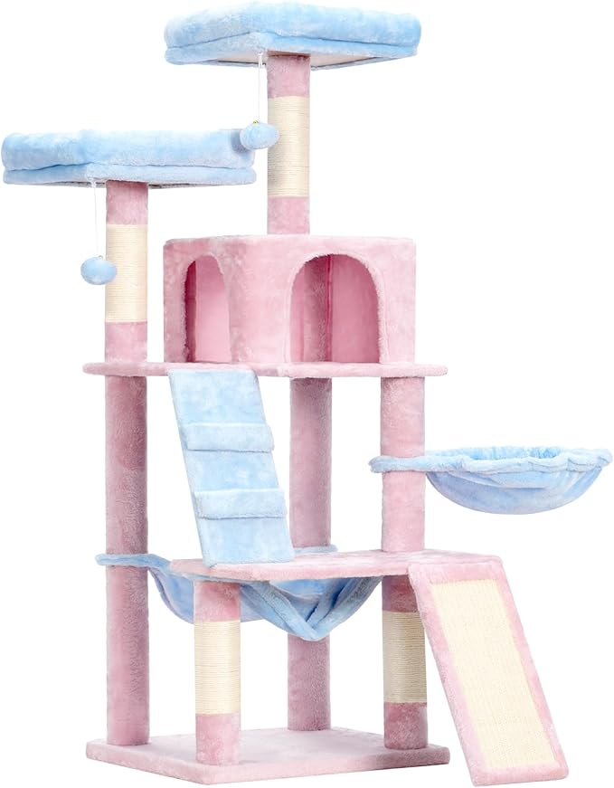 Heybly Cat Tree, Cat Tower for Indoor Cats,Multi-Level Cat Furniture Condo for Cats with Padded Plush Perch, Cozy Basket and Scratching Board,Blue and Pink HCT014BP