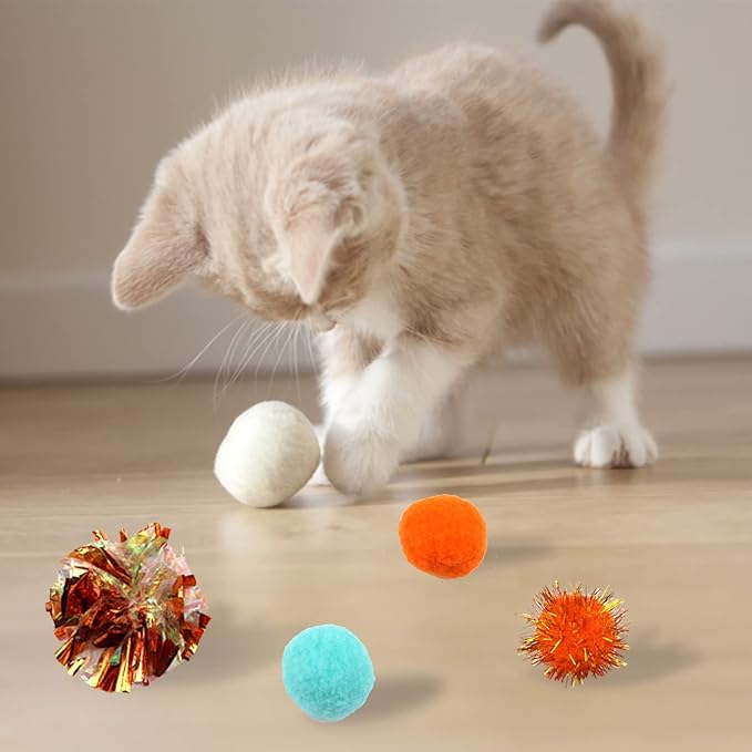 60 Packs Cat Toys Balls Set Spiral Springs Assorted, Kitten Ball Toys Assortments, Sparkle Ball, Cat Mouse Toy, Cat Crinkle Balls, Cat Springs, Furry Cat Toys Balls Soft Pom Pom Balls