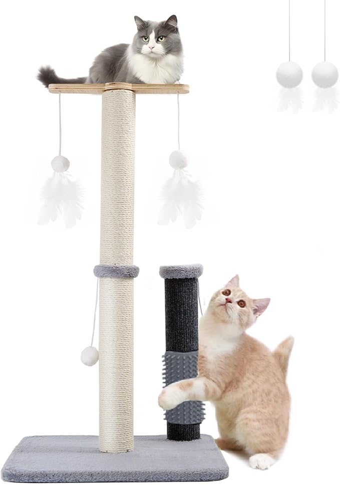 Cat Scratching Post, 29 Inch Tall Sisal Vertical Scratch Posts Cat Scratcher Scratching Deterrent with Cat Self Groomer Hair Brush and Dangling Plush Ball for Cats Small Kittens Christmas