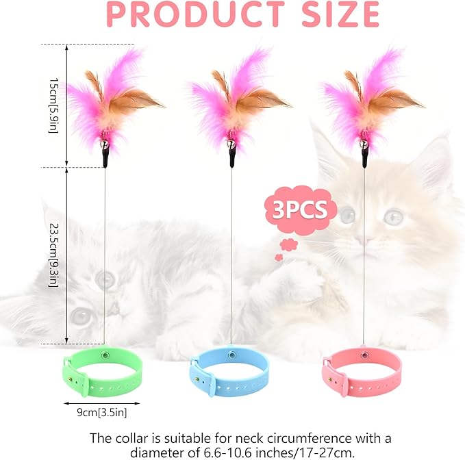 3PCS Cat Collar Teasing Wand, Cat Collar Toys, Silicone Adjustable Cat Feather Collar Toys with Bell Cat Interactive Teaser Toys for Indoor Cat Kittens Playing Exercise