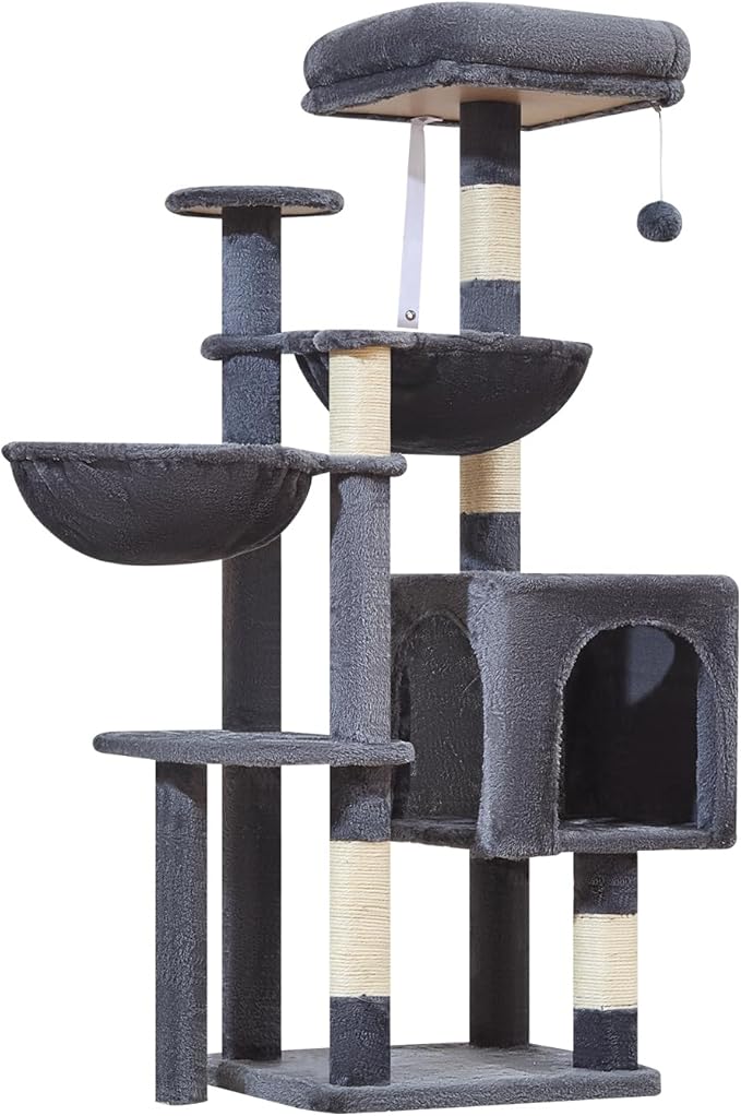 Taoqimiao Cat Tree, 48-Inch Cat Tower for Kittens, Cat Tree Tower with 5 Scratching Posts, Plush Cat Condo with Plush Perch, 2 Hammock, Pompoms, Smoky Gray MS019L-G