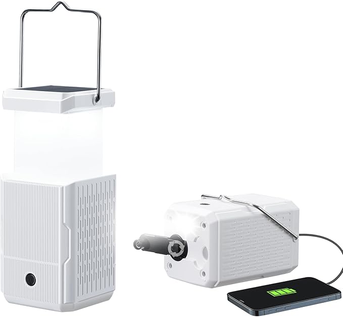 2 Pack Camping Lantern Rechargeable, Hand Crank & Solar Camping Lights with USB Output, Tent Lights for Camping, Portable Camp Lamp, Camping Hurricane Home Power Failure Essentials (White, 2 Pack)