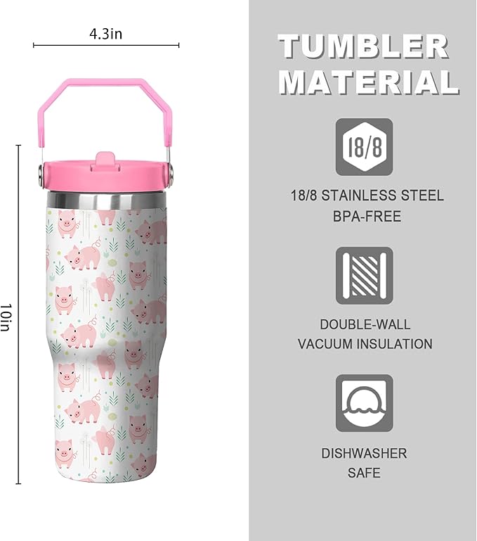 30 Oz Pig Tumbler with Handle and Straw, Pig Mug Insulated Pig Cups for Women, Double Wall Stainless Steel Pig Coffee Cup, 30 Oz Leak Proof Pig Coffee Mug for Women and Pig Gifts for Women