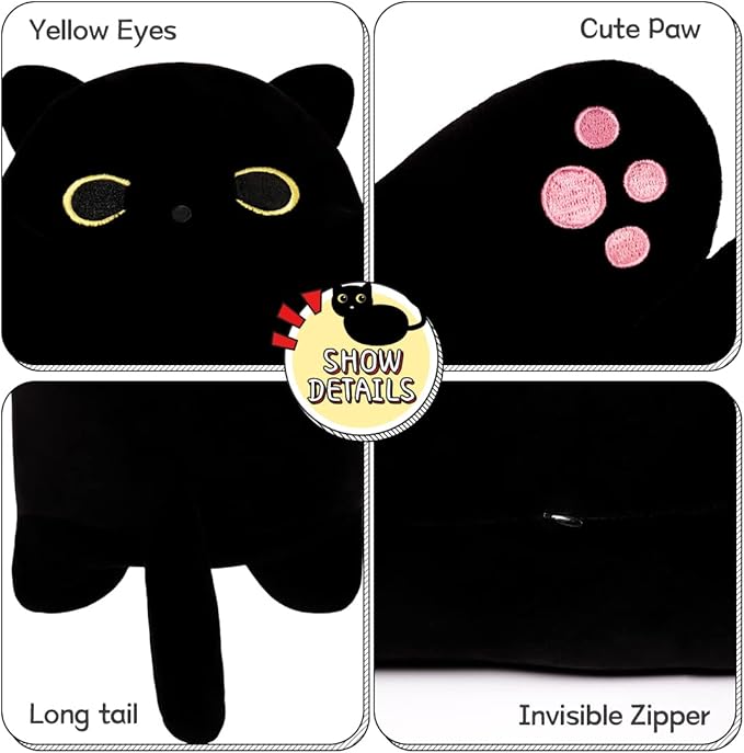 59inch Black Cat Plush Toy Soft Long Cat Pillow Plushies Doll Stuffed Animal Plush Body Pillow Black Sesame Meowchi Sofa Throw Pillow Decoration Gift for Kids Girl, 150cm/59inch