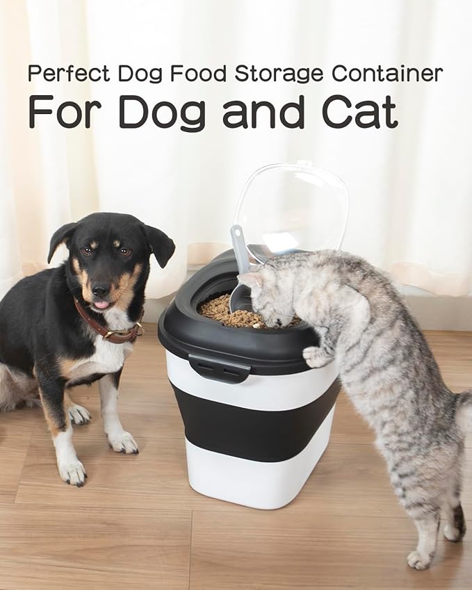 35LBS Collapsible Dog Food Storage Container, Pet Dog Pantry Large Containers Bin with Wheels,Scoop & 2pcs Food Storage Containers, Kitchen Cereal Flour Rice Leakproof Dry Holder-Black