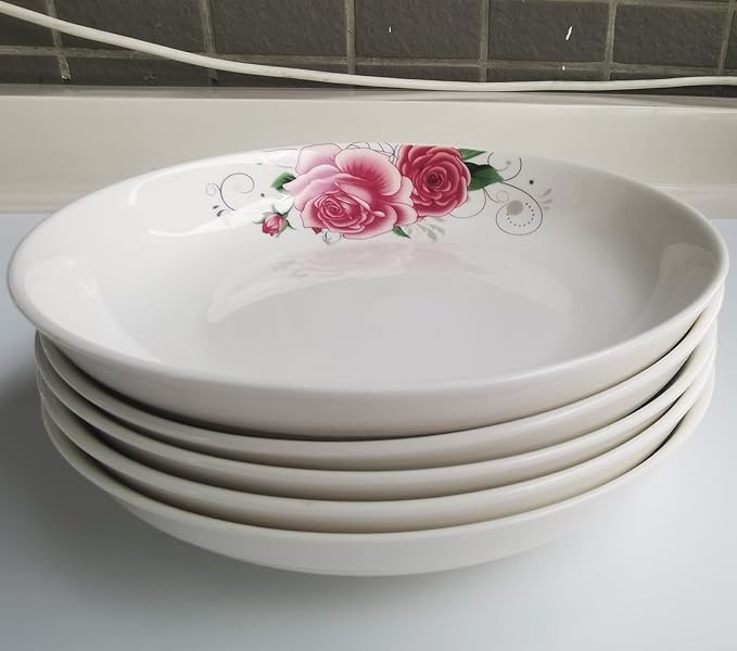 5 Pack Ceramic Plates with Rose Pattern, 7 inch Large Dessert Salad Porcelain Dinner Plates, Ceramic Dessert Dishes for Steak Pasta Pizza Appetizer (Dishwasher & Microwave Safe Plates)