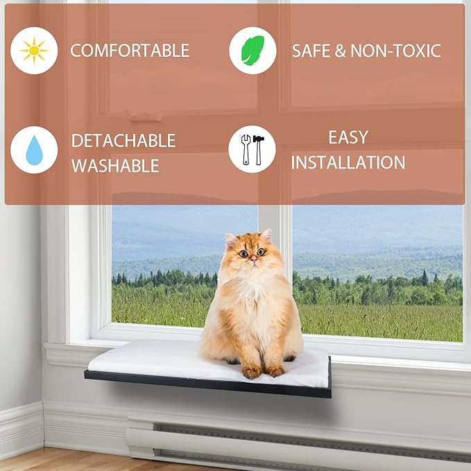 Cat Window Hammock, Metal Cat Window Perch Seat for Indoor Cats,Mounted Shelf Bed, Washable Foam Cat Seat for Large Cats Premium Set, Cat Wall Furniture for Sunbathing, Napping and Overlooking (White)