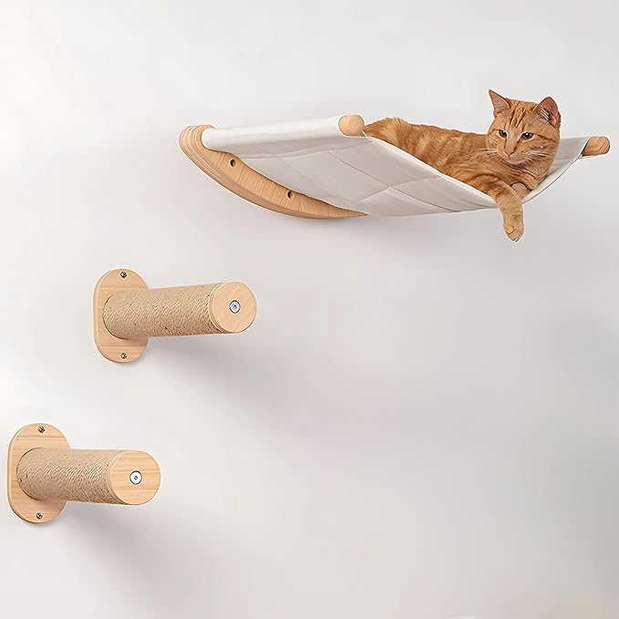 Wooden Wall-Mounted Cat Hammock with 2 Steps and Wall Shelves – Durable and Stylish Cat Lounger, Space-Saving Design, All-Natural Wood, Perfect for Indoor Cats to Climb, Rest, and Play
