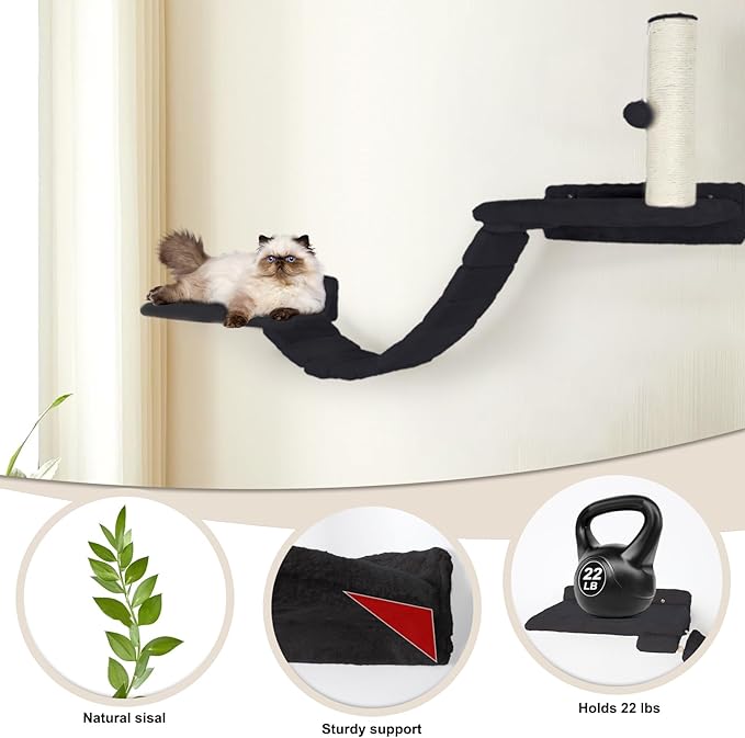 Cat Wall Shelves - 7 Pcs Luxury Wall-Mounted Cat Furniture, Including 2 Cat Wall Shelves 2 Solid Wood Steps 1 Cat Bridge Ladder 1 Sisal Cat Scratcher Post 1 Hanging Ball for Large Cats (Grey)