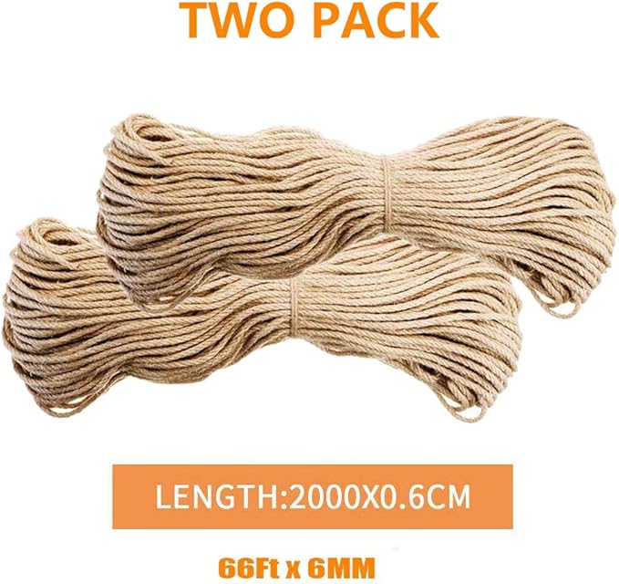 2 Pack Cat Natural Sisal Rope for Scratching Post Tree Replacement, Hemp Rope for Repairing, Replacement Cat Tree and Tower DIY Scratcher (6 mm 66 Ft)