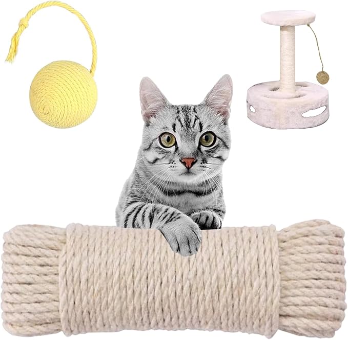 Multicolor Natural Hemp Rope, Cat Scratching Posts Replacement Rope,Repair and Replace Scratching Post cat Tree, 1/4" Rope Cat Scratch Post DIY Jute Twine,Come with a Play Ball..(65FT,White)
