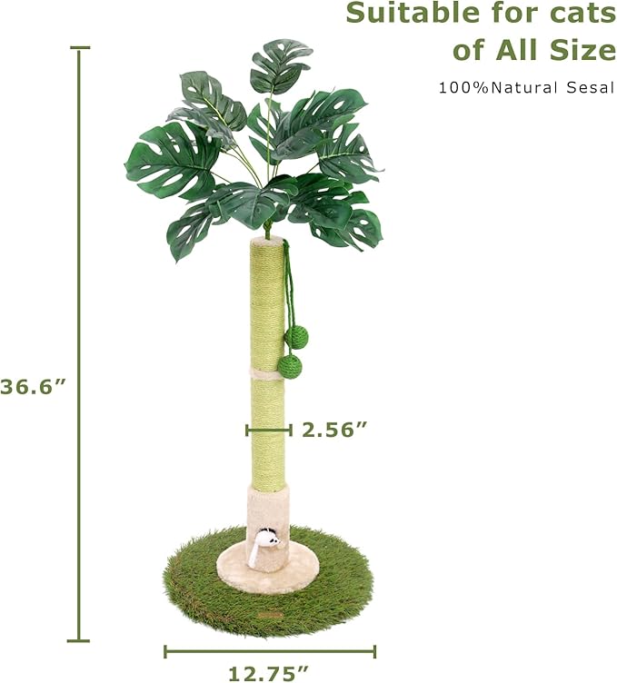 Cat Scratching Posts Cat Trees 35.43" Tall with Sisal Rope Cat Toy and Hanging Ball for Indoor,Wooden Palm Tree Cat Scratch Pole for All Cat (LightGreen)