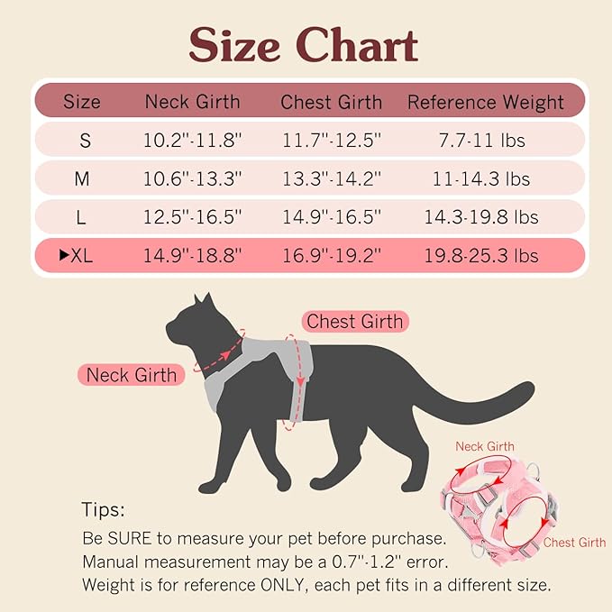 Cat Harness and Leash Set for Walking, Adjustable Kitten Vest Harness with Reflective Strip Breathable Mesh, Escape Proof Soft Pet Safety Vest for Cats, Kittens, Puppies, XL, Pink