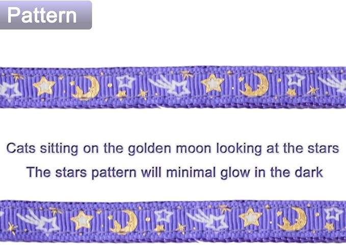 Cat Harness and Leash Set for Outdoor Walking Escape Proof Adjustable Soft Safety Strap with Golden Star and Moon Design Glow in The Dark Purple XL