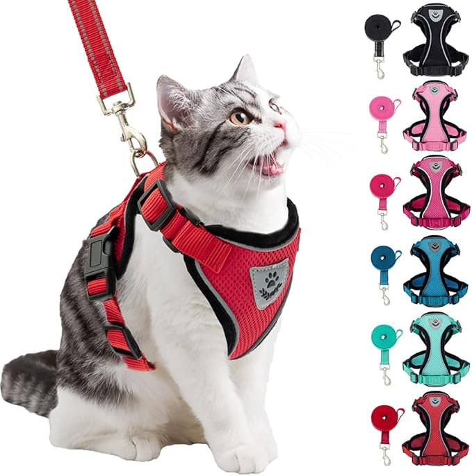 PUPTECK Cat Harness and Leash Set Escape Proof Reflective Cat Walking Harness Adjustable Soft Breathable Mesh Vest for Small Pets, Red, S