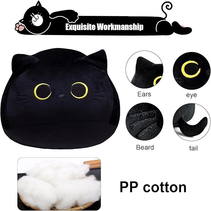 10'' Cute Black Cat Plush Toys, Soft Pillow Squishy Plushies, Kawaii Cat Stuffed Animals for Home Decoration, Gift for Cat Lovers, Kids, Boys & Girls (Black, 10 Inch)