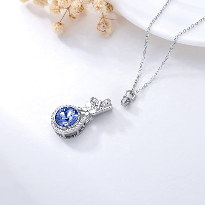 AOBOCO Butterfly Urn Necklace for Ashes 925 Sterling Silver Butterfly Cremation Jewelry Memorial Keepsake Pendant with 12 Months Birthstone Crystal from Austria
