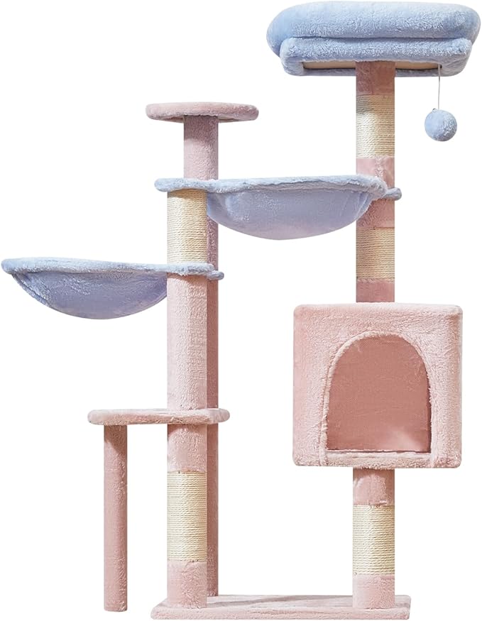 Taoqimiao Cat Tree, 39.4-Inch Cat Tower for Indoor Cats,Suitable for Kittens,Plush Cat Condo with 5 Scratching Posts, Plush Perch,2 Hammock,Pompoms, MS019PB Pink and Blue