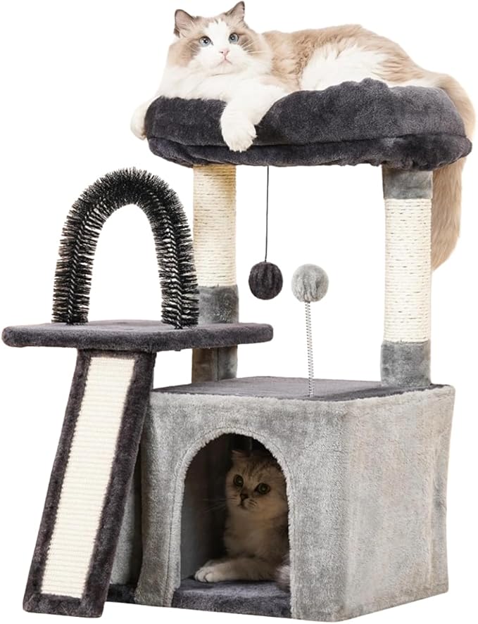 Happi N Pets Cat Tree Tower for Indoor Cats, Multi-Level Cat Tree with Scratching Posts & Pads, Cozy Cat Perch, Cat Self Groomer and Interactive Toys, Featuring with Large Cat Cave, Smokey Gray