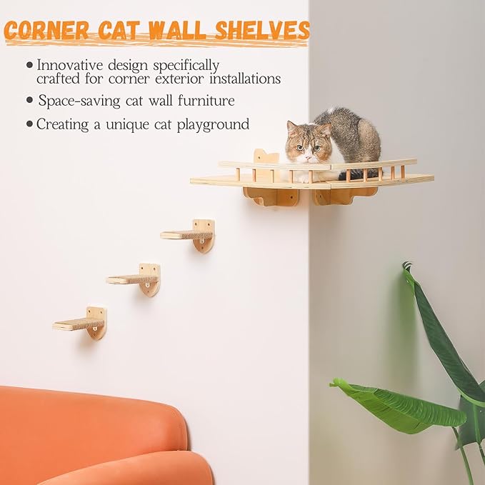 Cat Shelves for Wall, 2 Pcs Cat Wall Shelves with 3 Cat Wall Steps, Wood Cat Wall Furniture Set with Plush Covered, Wall-Mounted Cat Climbing Shelves Cat Perch for Indoor Large Cat (Wood)