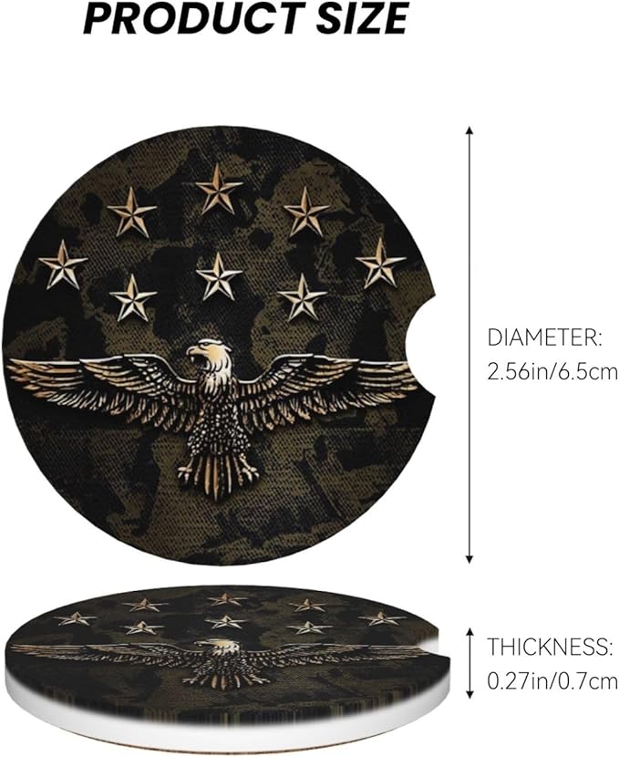 Absorbent Ceramic Car Coasters for Cup Holders, Camo Bald Eagle Design 2.56" Anti Slip Universal Drink Cup Coasters for Women Men (2 Pack)