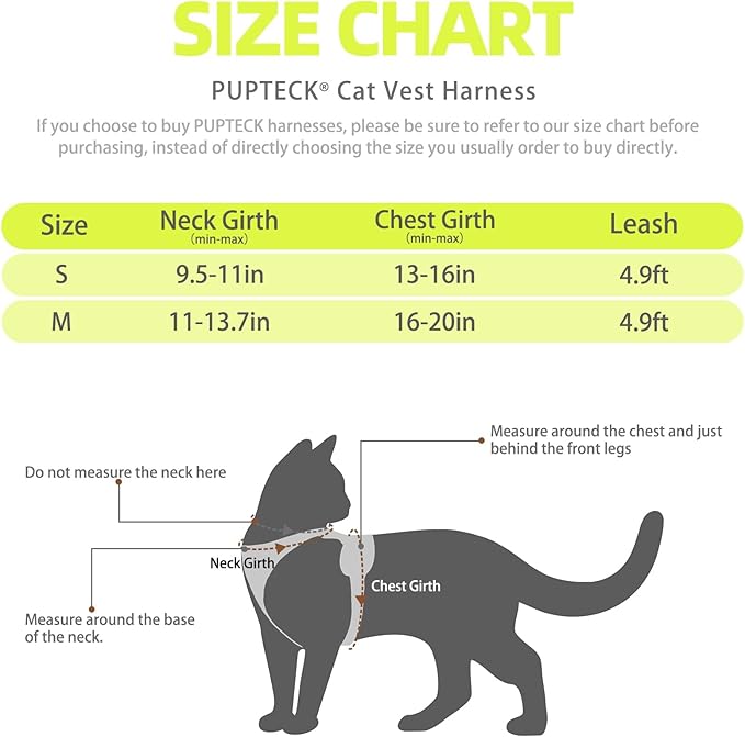 PUPTECK Cat Harness and Leash Set Escape Proof Reflective Cat Walking Harness Adjustable Soft Breathable Mesh Vest for Small Pets, Fluorescent Yellow, M