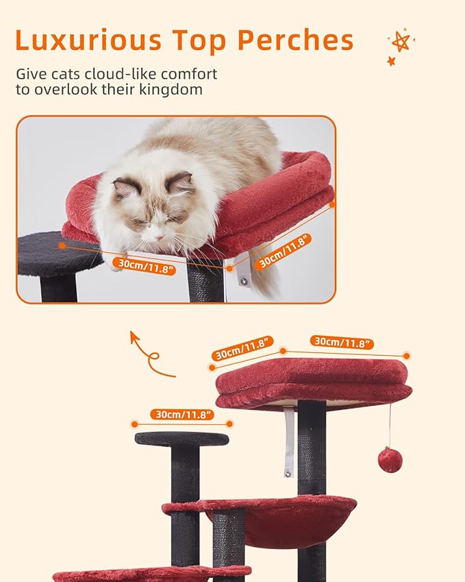 Taoqimiao Gothic Cat Tree, 39.4-Inch Cat Tower for Indoor Cats,Suitable for Kittens,Plush Cat Condo with 5 Scratching Posts, Plush Perch,2 Hammock,Pompoms, MS019BR Black and Red