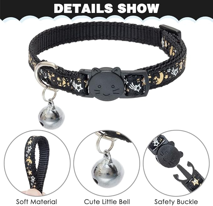 PAWCHIE Cat Harness with Leash and Collar Set - Escape Proof Adjustable H-shped Cat Harness with Star and Moon Pattern Glow in The Dark for Kitty Outdoor Walking