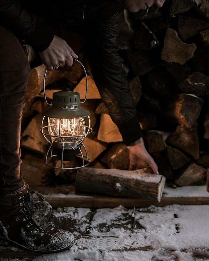 Barebones Railroad Lantern – Olive Drab, Vintage-Inspired LED Camping Lantern with Rechargeable Battery – Adjustable Brightness Outdoor Light for Camping Gear, Backyard, and Home Decor