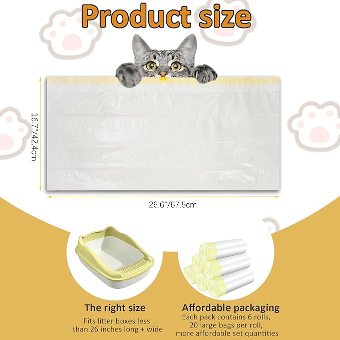 120-Count Cat Litter Box Liners with Drawstring, Compatible with Litter-Robot 3/4, 26.6”X16.7” Heavy Duty Cat Litter Trash Bags, Leak-Proof and Tear-Resistant (26.6”X16.7” 120-Count)