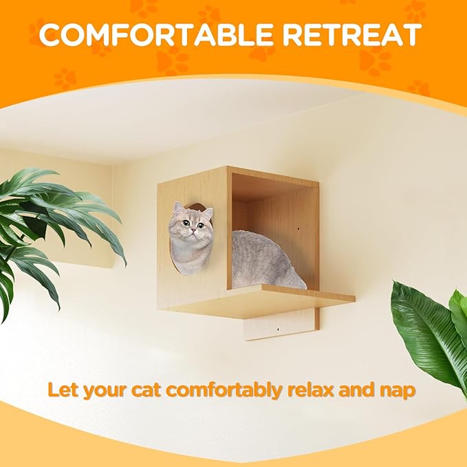 Cat Wall Shelves, Set of 5 Wooden Cat Wall Furniture with Cat Condo, Cat Scratching Post with 3 Steps, Bridge, Cat Hammocks and Scratcher