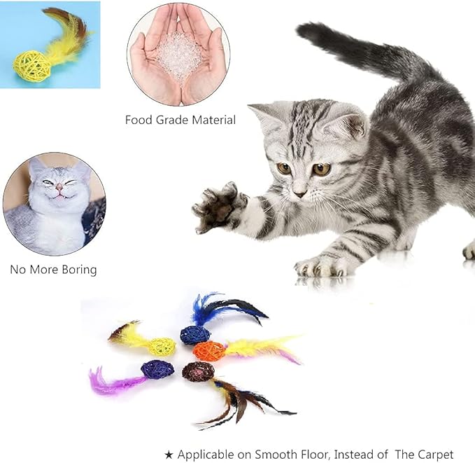 5PCS Cat Catch Chewing Toys, Pet Kitten Kitten Plush Play Toy CInteractive Chaser Teaser Toy olorful Rattan Balls with Feather Ring Bell Playthings for Cats Puppy Kitty Kitten Pets Novelty Gift