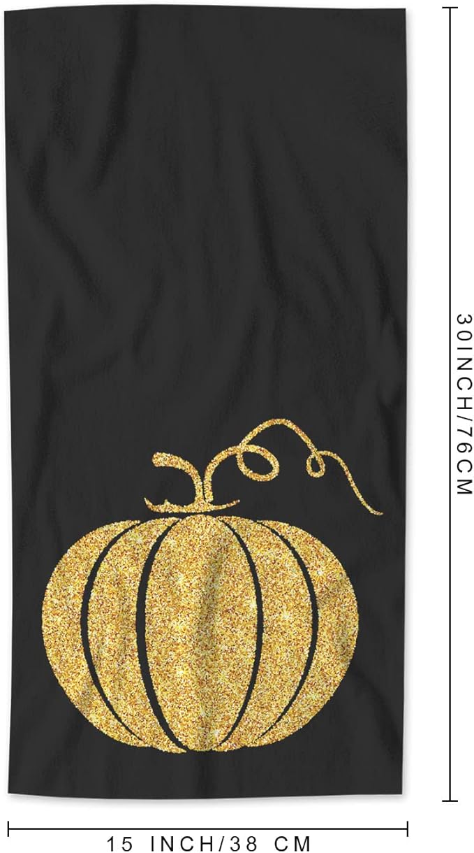 AOYEGO Gold Glitter Pumpkin Bath Towel Thanksgiving Day Halloween Autumn Festival Beach Bath Towels Soft Microfiber Yoga/Golf/Swim/Hair/Face Towels 15x30 Inch