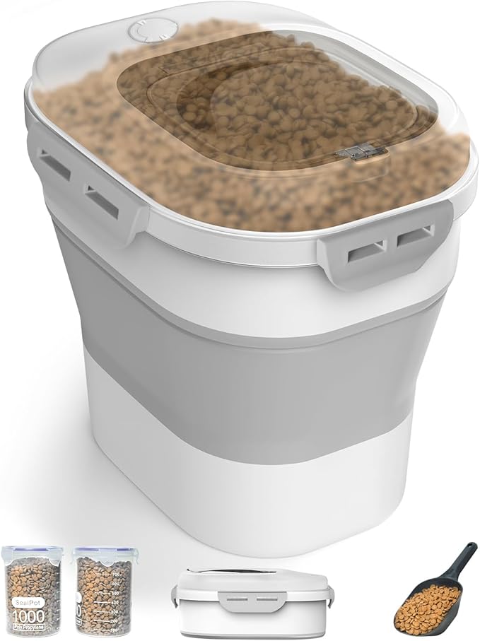 30-35Lbs Dog Food Storage Container,Collapsible Dog Food Container with Transparent Airtight Lids,Wheel,Date Track,Pet Food Storage Container for Rice,Scoop and 2pcs Small Containers (Clear-35LBS)