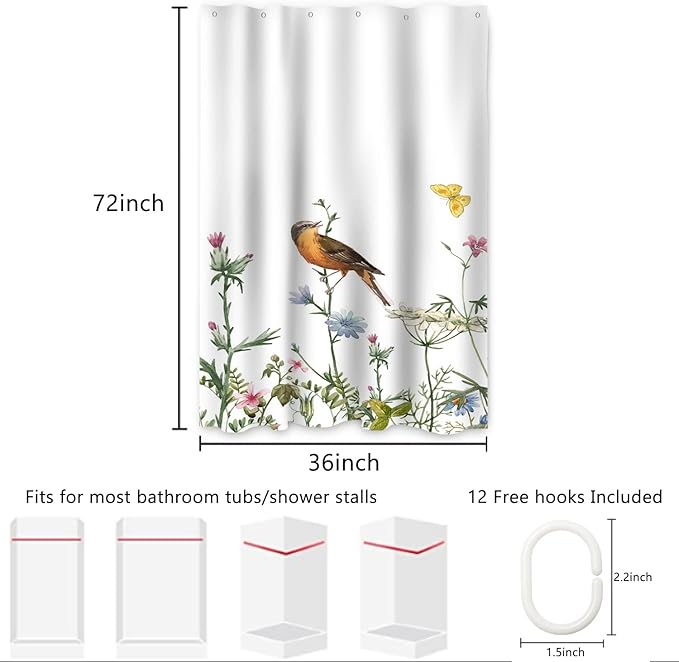 AWERT Small Half Size Stall Shower Curtain with 6 Hooks Funny Bird Shower Stall Curtain for Bathroom/RV and Camper (Bird) 36x72 inch