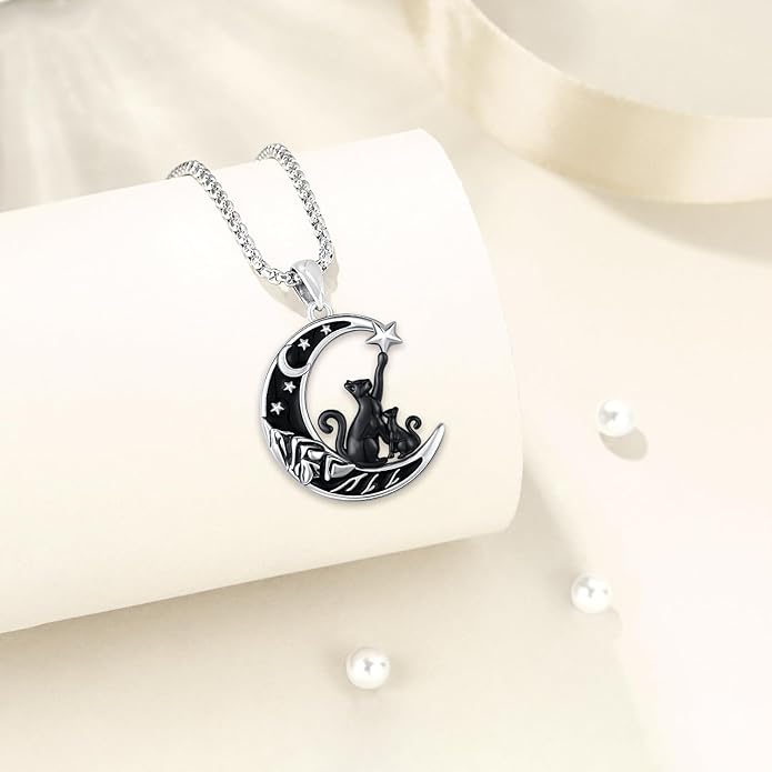 Aniu S925 Sterling Silver Cat Necklace for Women - Moon Pendant Jewelry, Gifts for Cat Lovers